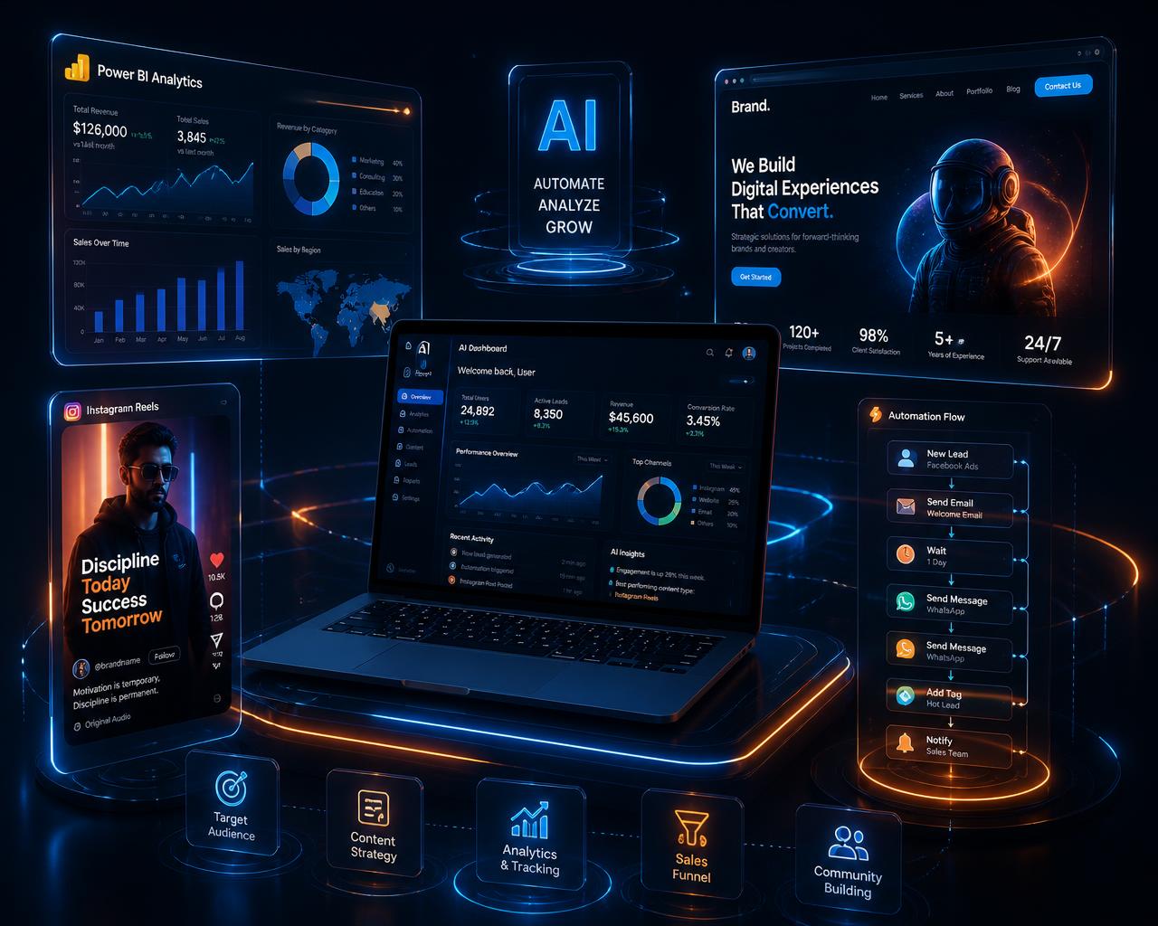 Holographic AI workspace with dashboards, website mockup and automation flow